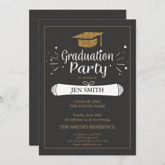 Faux Gold Glitter Pet Gradution Party Invitation Kaart (Voorkant / Achterkant)