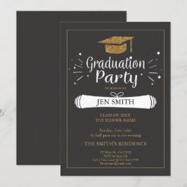 Faux Gold Glitter Pet Gradution Party Invitation Kaart