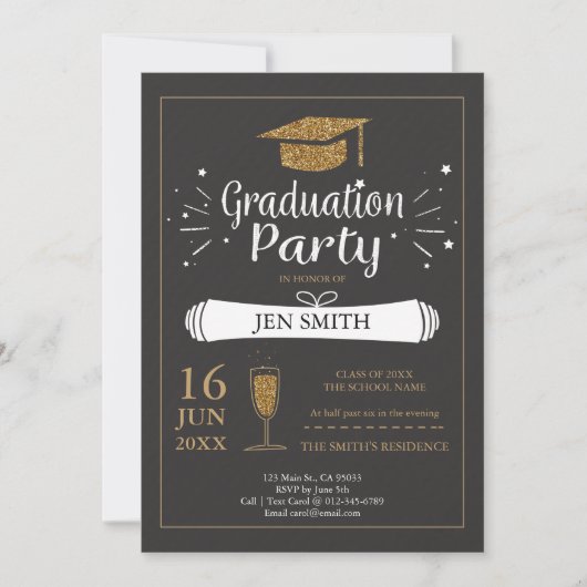 Faux Gold Glitter Pet Gradution Party Invitation Kaart (Voorkant)