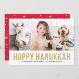 Faux Gold Glitter Photo Collage Happy Hanukkah Feestdagenkaart
