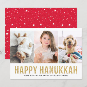 Faux Gold Glitter Photo Collage Happy Hanukkah Feestdagenkaart