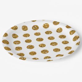 Faux Gold Glitter Polka Dots Pattern on White Papieren Bordje