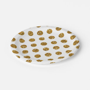 Faux Gold Glitter Polka Dots Pattern on White Papieren Bordje