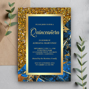 Faux Gold Glitter Royal Blue Marble Quinceanera Kaart