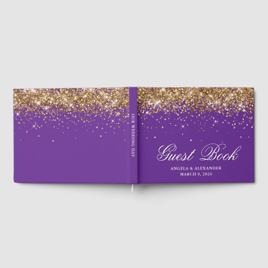 Faux Gold Glitter Royal Paarse bruiloft Gastenboek (Volledig)