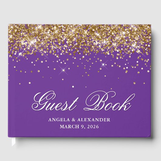 Faux Gold Glitter Royal Paarse bruiloft Gastenboek (Voorkant)