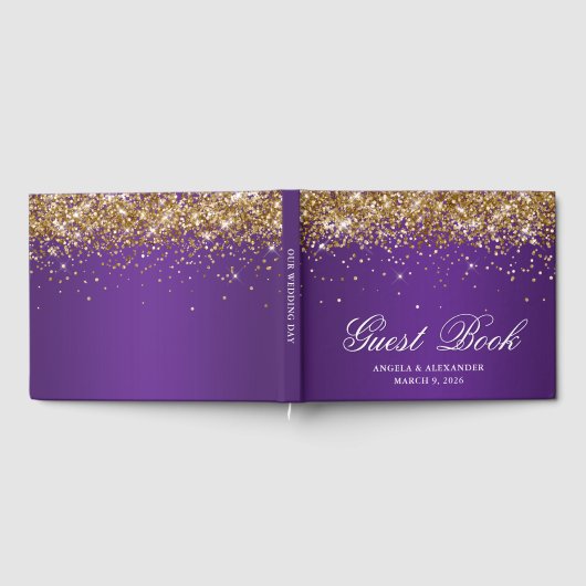 Faux Gold Glitter Royal Paarse Ombre Wedding Gastenboek (Volledig)