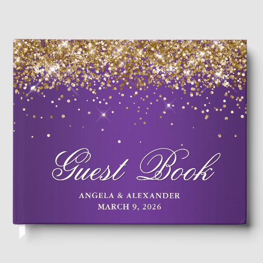 Faux Gold Glitter Royal Paarse Ombre Wedding Gastenboek (Voorkant)