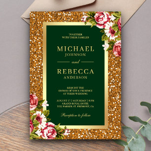 Faux Gold Glitter Roze Bloemenjager Groene bruilof Kaart