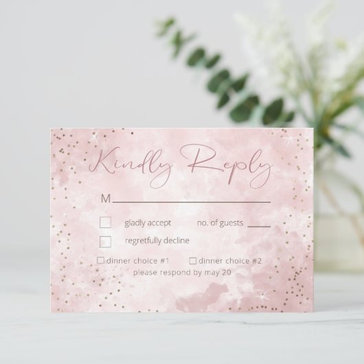 Faux Gold Glitter & Roze Modern RSVP Kaartje (Staand voorkant)