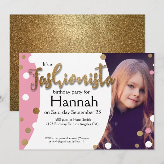 Faux Gold Glitter, roze stippen Fashionista Birthd Kaart (Voorkant / Achterkant)