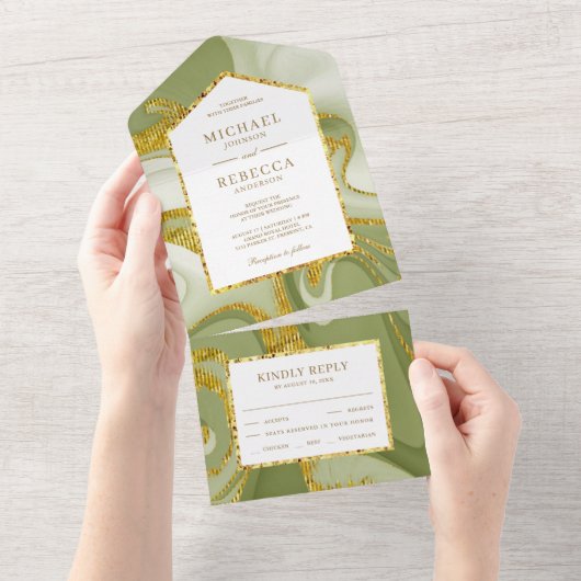 Faux Gold Glitter Sage Green Marble Wedding All In One Uitnodiging (Afscheurbaar)