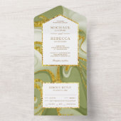 Faux Gold Glitter Sage Green Marble Wedding All In One Uitnodiging (Binnen)