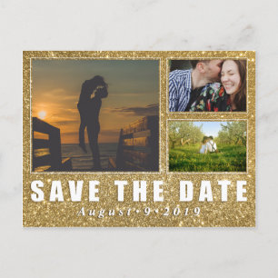 Faux Gold Glitter Save the Date 3 Photo Briefkaart