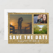 Faux Gold Glitter Save the Date 3 Photo Briefkaart (Voorkant / Achterkant)