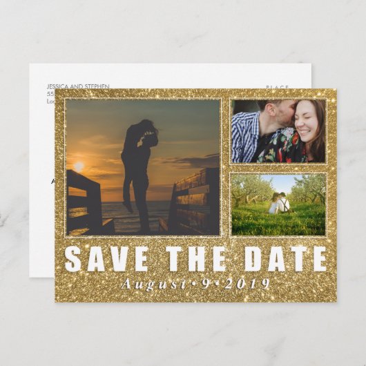 Faux Gold Glitter Save the Date 3 Photo Briefkaart (Voorkant / Achterkant)
