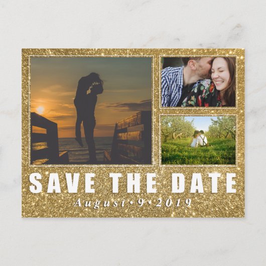 Faux Gold Glitter Save the Date 3 Photo Briefkaart (Voorkant)