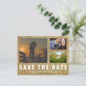 Faux Gold Glitter Save the Date 3 Photo Briefkaart (Staand voorkant)