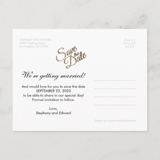 Faux Gold Glitter Save the Date Photo Briefkaart (Achterkant)