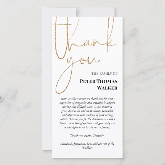 Faux Gold Glitter Script & Photo Funeral Hartelijk Bedankkaart (Voorkant)