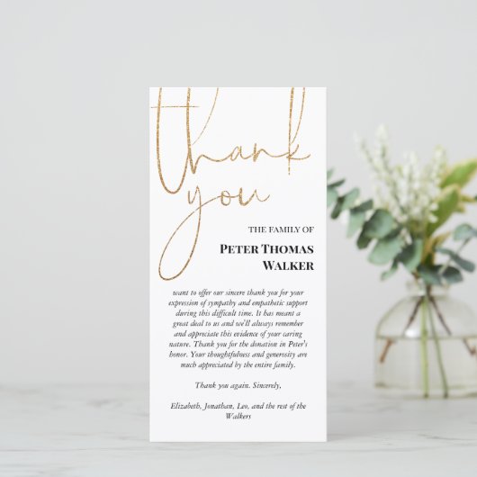 Faux Gold Glitter Script & Photo Funeral Hartelijk Bedankkaart (Staand voorkant)