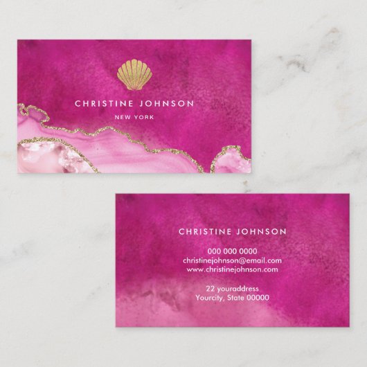Faux Gold Glitter Seashell op roze Visitekaartje (Voorkant / Achterkant)