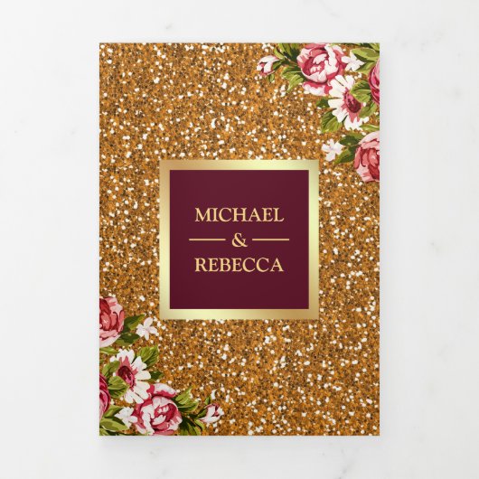 Faux Gold Glitter Sparkle Bourgogne Bloemen Huweli Drieluik Uitnodiging (Cover)