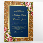 Faux Gold Glitter Sparkle Floral Navy Blue Wedding Drieluik Uitnodiging (Binnenzijde eerst)