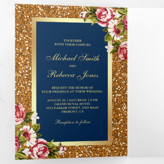 Faux Gold Glitter Sparkle Floral Navy Blue Wedding Drieluik Uitnodiging (Binnenzijde eerst)