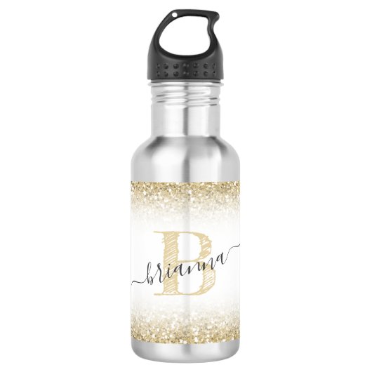 Faux Gold Glitter Sparkly Monogram Naam Schattige Waterfles (Voorkant)