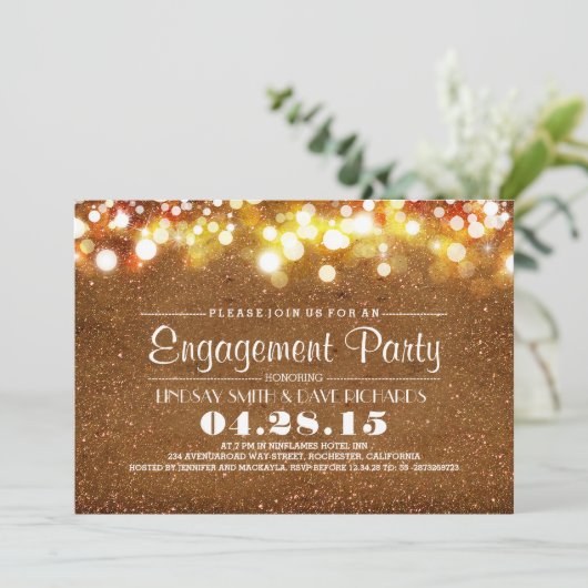 Faux Gold Glitter String Lights Verlovingsfeest Kaart (Staand voorkant)