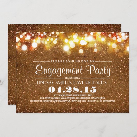 Faux Gold Glitter String Lights Verlovingsfeest Kaart (Voorkant / Achterkant)