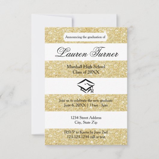 Faux Gold Glitter Stripe - 3x5 Afstudeerder Aankon Kaart (Voorkant)
