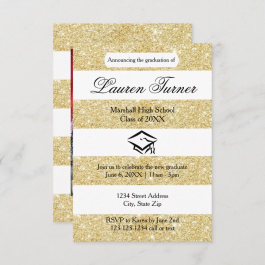 Faux Gold Glitter Stripe - 3x5 Afstudeerder Aankon Kaart (Voorkant / Achterkant)