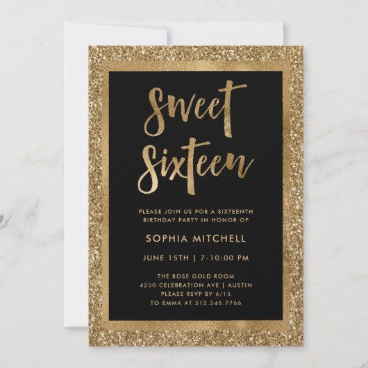 Faux Gold Glitter | Sweet 16 Party Kaart (Voorkant)