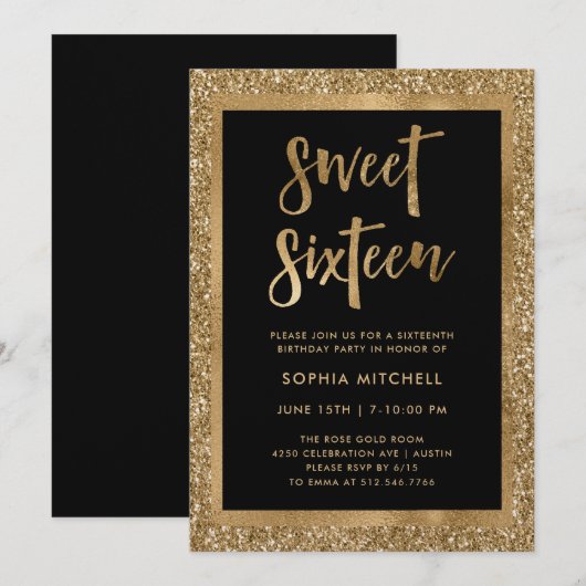 Faux Gold Glitter | Sweet 16 Party Kaart (Voorkant / Achterkant)