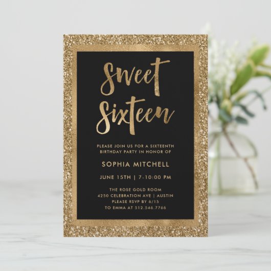 Faux Gold Glitter | Sweet 16 Party Kaart (Staand voorkant)