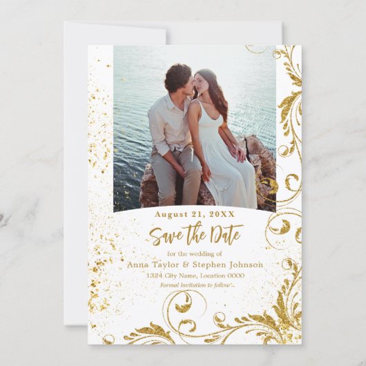 Faux Gold Glitter Swirls Save Date Kaart (Achterkant)