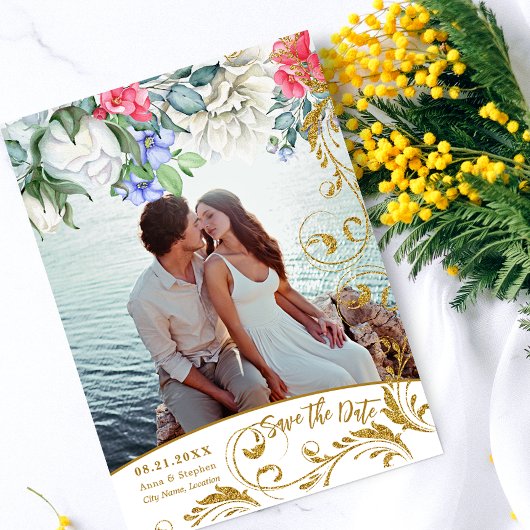 Faux Gold Glitter Swirls Save Date Kaart