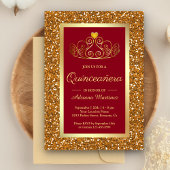 Faux Gold Glitter Tiara Princess Red Quinceanera Kaart