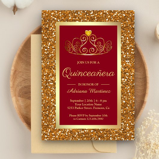 Faux Gold Glitter Tiara Princess Red Quinceanera Kaart
