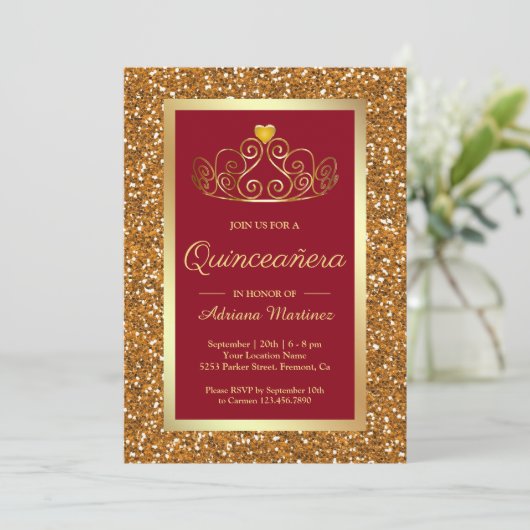 Faux Gold Glitter Tiara Princess Red Quinceanera Kaart (Staand voorkant)
