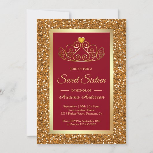 Faux Gold Glitter Tiara Prinses Rood Zoet Zestien Kaart (Voorkant)