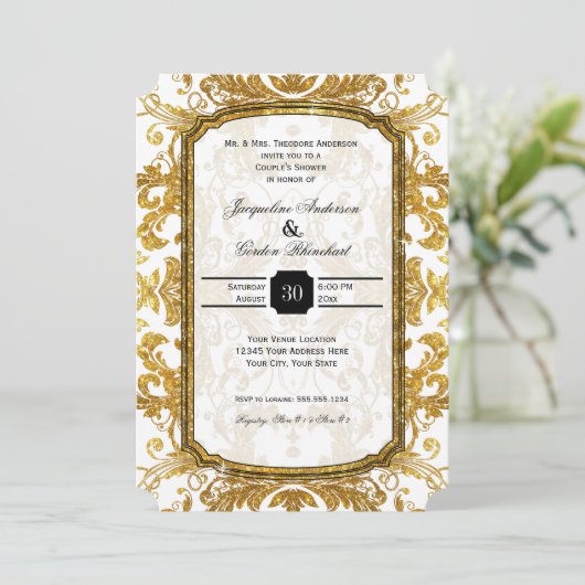 Faux Gold Glitter Ticket Couples Shower Kaart (Staand voorkant)