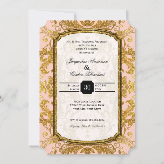 Faux Gold Glitter Ticket  Couples Shower Kaart (Voorkant)