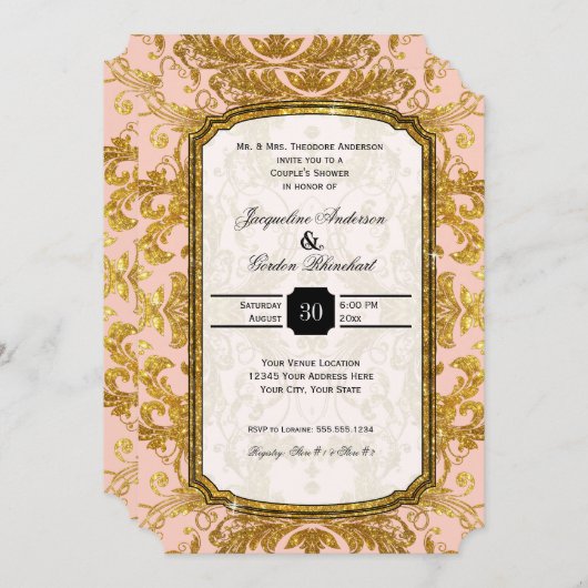 Faux Gold Glitter Ticket  Couples Shower Kaart (Voorkant / Achterkant)