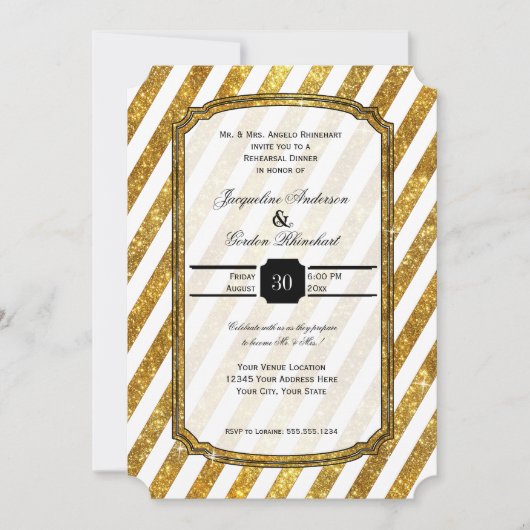 Faux Gold Glitter Ticket Striped Rehearings Dinner Kaart (Voorkant)