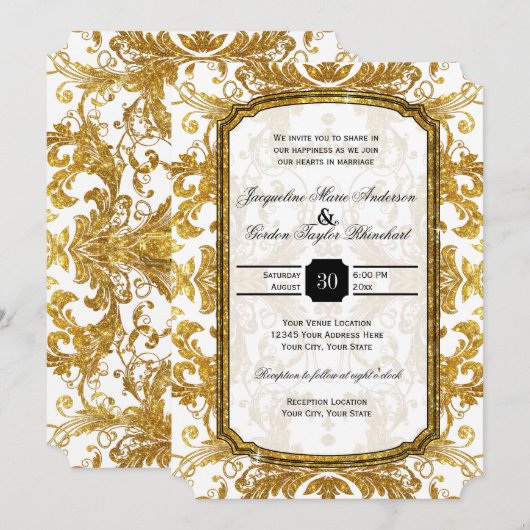 Faux Gold Glitter Ticket Style  Typografie Kaart (Voorkant / Achterkant)