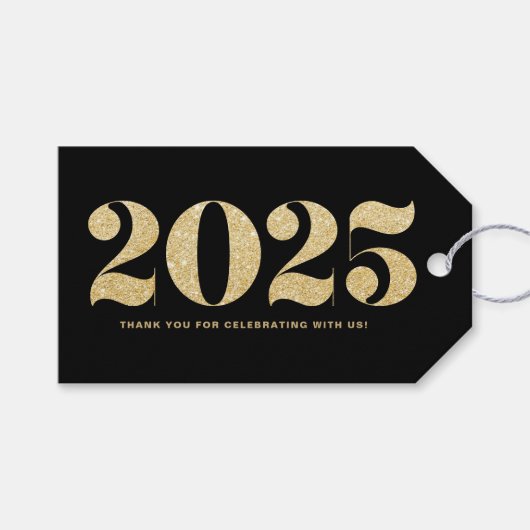 Faux Gold Glitter Typografie Happy Nieuwjaar zwart Cadeaulabel (Voorkant (Horizontaal))