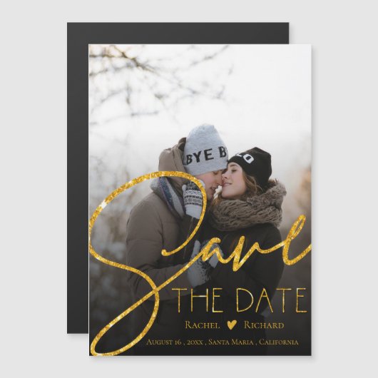 Faux Gold Glitter Wedding Photo Save the Date Magnetische Uitnodiging (Voorkant / Achterkant)